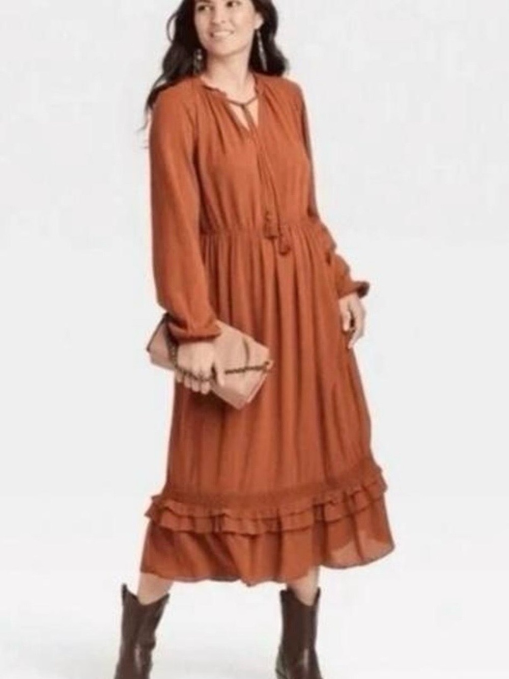 NEW Knox Rose Maxi Dress XS Boho Smocked Tassels Brown Rust Cottagecore Peasant